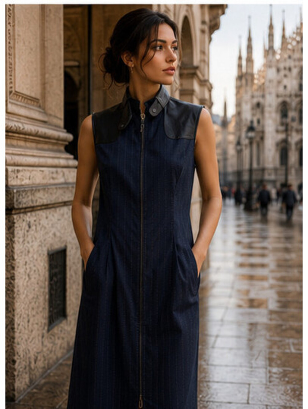 Vintage Ralph Lauren Black Leather Collar Navy Pinstripe Dress Size US 6/ UK 10
